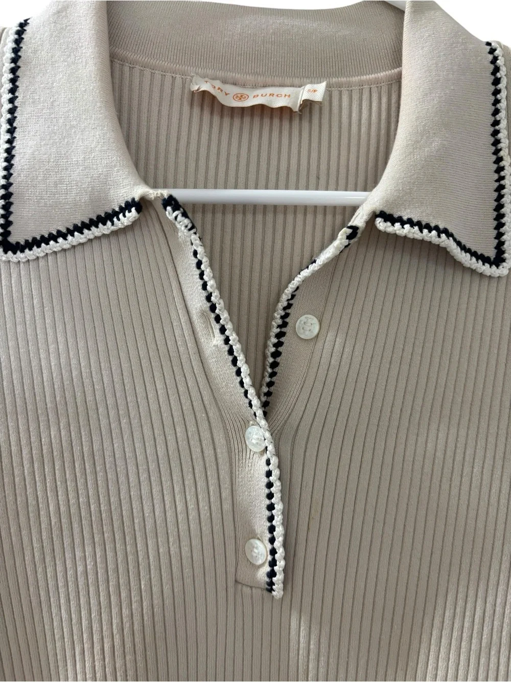 Tory Burch Women's Mila Ribbed Knit Cream & Black Contrasting Trim Collar Sz S/P